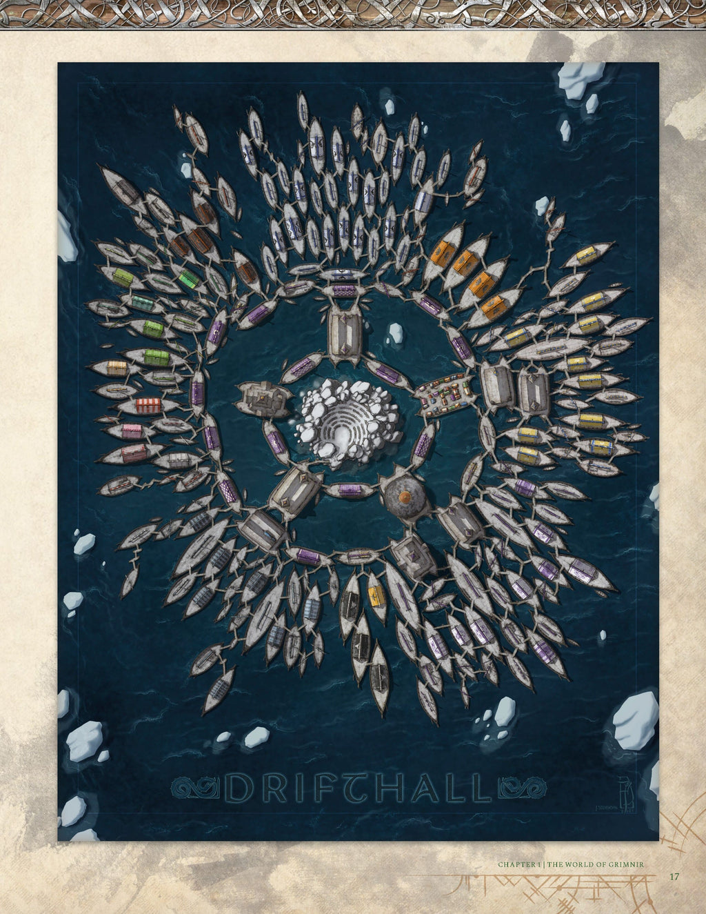Overhead map of Drifthall, a star-shaped floating city of interconnected boats around a central white structure