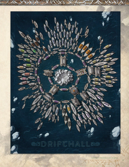 Overhead map of Drifthall, a star-shaped floating city of interconnected boats around a central white structure