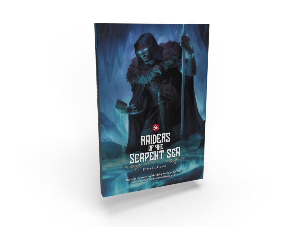 Raiders of the Serpent Sea Player's Guide cover: Hooded figure with glowing eyes and staff casts magic in an icy cave