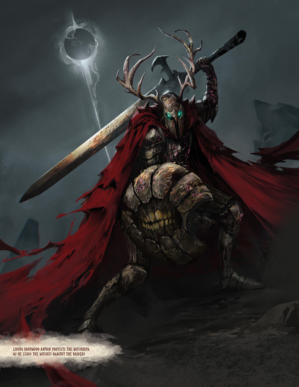 Armored Witchking with antlered helmet, glowing green eyes, and a red cape raises a greatsword and holds a skull shield