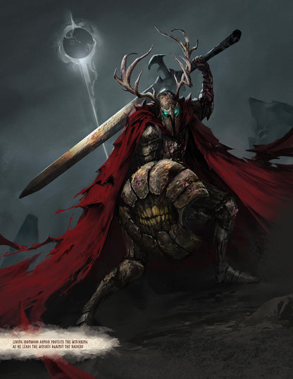 Armored Witchking with antlered helmet, glowing green eyes, and a red cape raises a greatsword and holds a skull shield