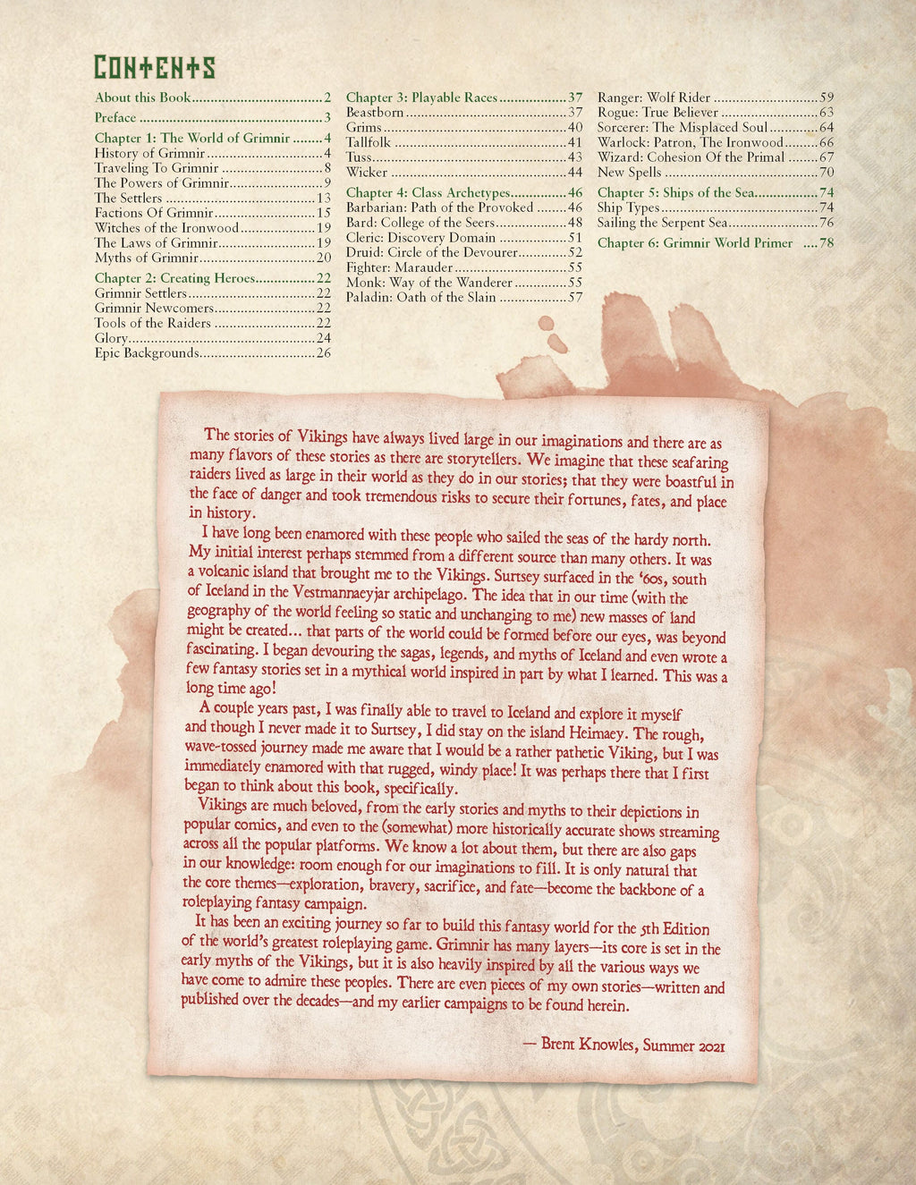 A fantasy RPG book page showing the Table of Contents and an introduction to Grimnir's Viking-themed world, on aged parchment