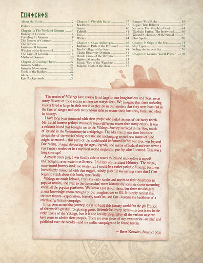 A fantasy RPG book page showing the Table of Contents and an introduction to Grimnir's Viking-themed world, on aged parchment