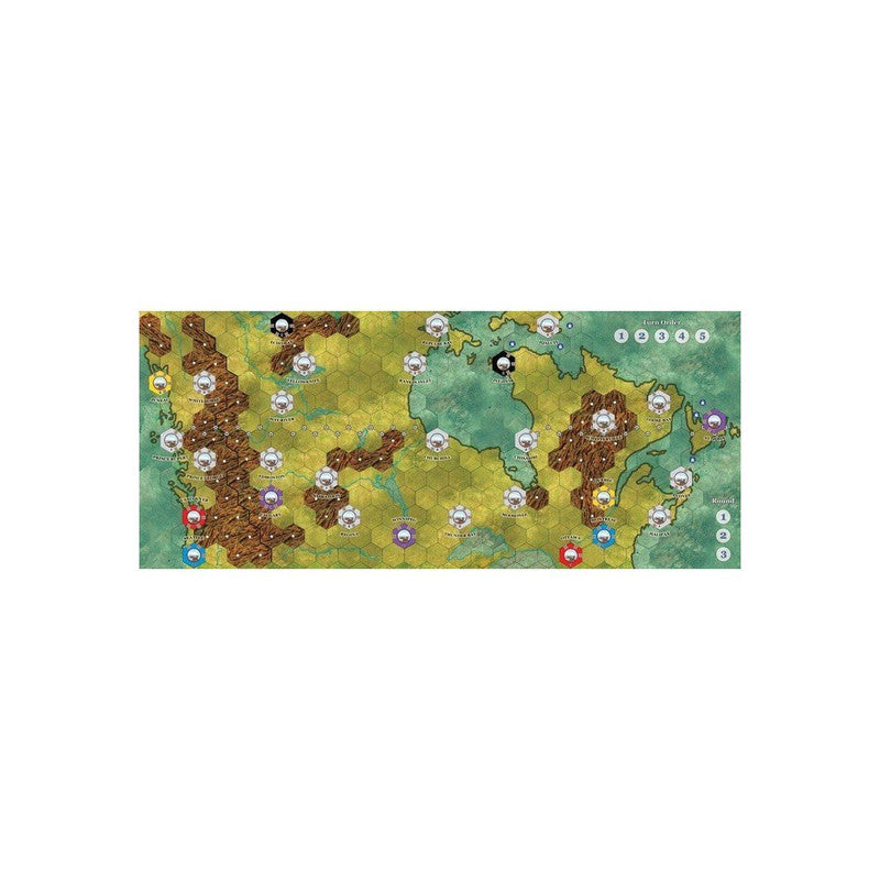 Board game map of North America with territories and tokens representing cities showing player turn order and rounds