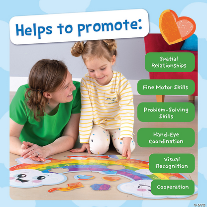Child and teacher build rainbow puzzle that promotes spatial relationships, fine motor, and more