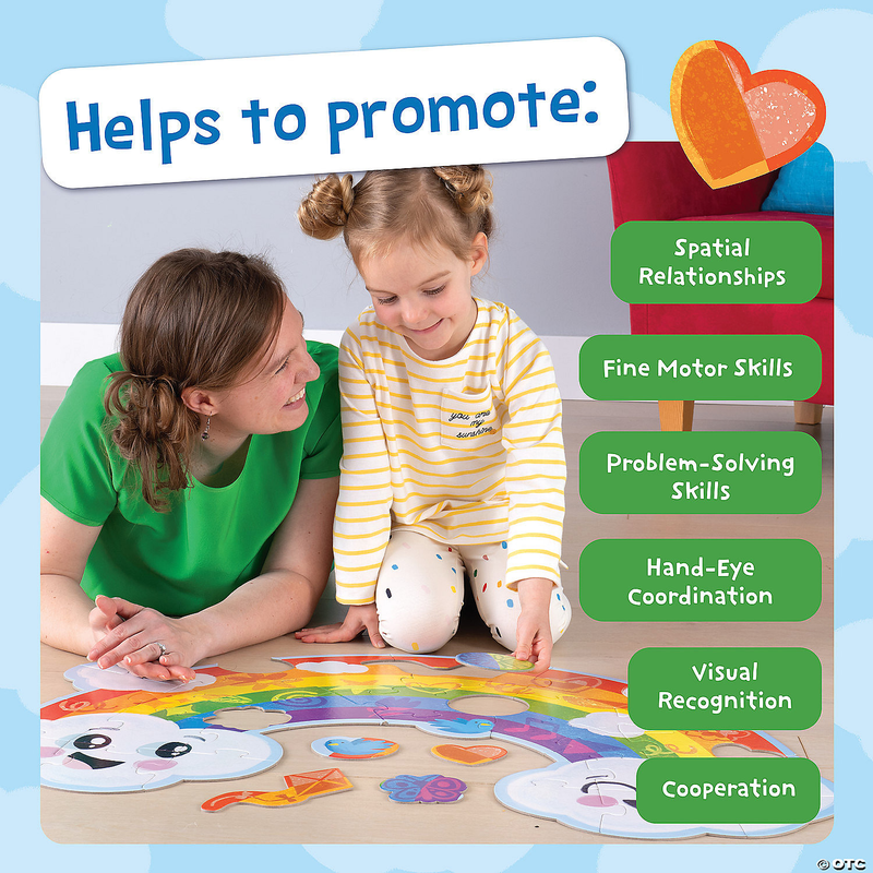 Child and teacher build rainbow puzzle that promotes spatial relationships, fine motor, and more