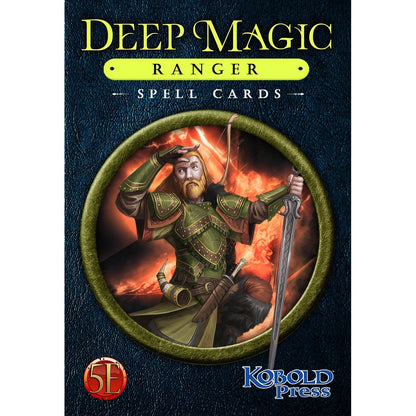 The cover of Deep Magic Ranger Spell Cards features a bearded ranger in green armor with a sword and bow against a fiery background within a gold circle