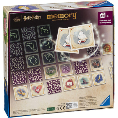 Harry Potter Memory game box back showing a grid of game tiles, including Hedwig the owl and various spell icons