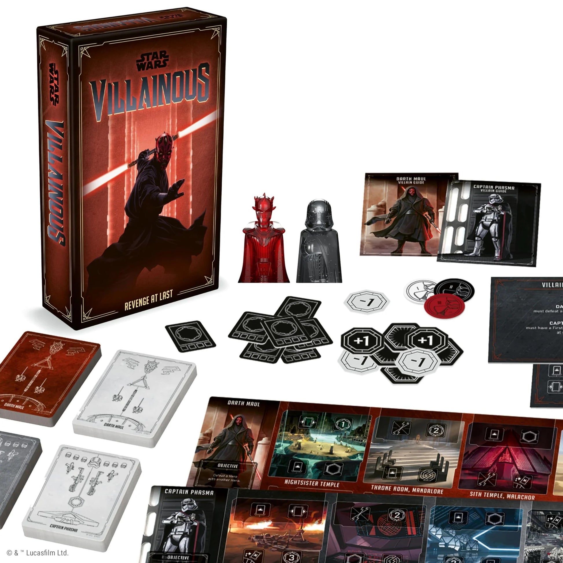 Star Wars Villainous: Revenge at Last board game box and components, featuring Darth Maul and Captain Phasma movers