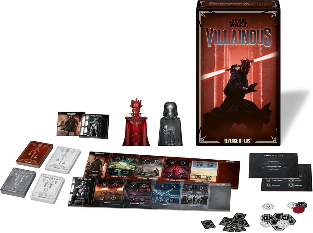 Star Wars Villainous board game components, featuring the box with Darth Maul, cards, tokens and villain movers