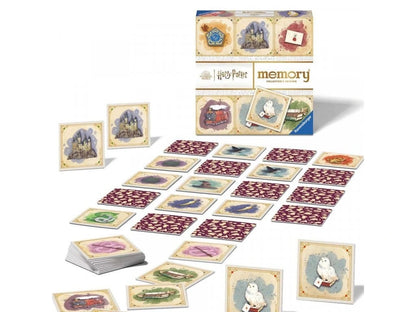 Harry Potter Memory game set, displaying the box and many face-up and face-down collectible illustrated tiles