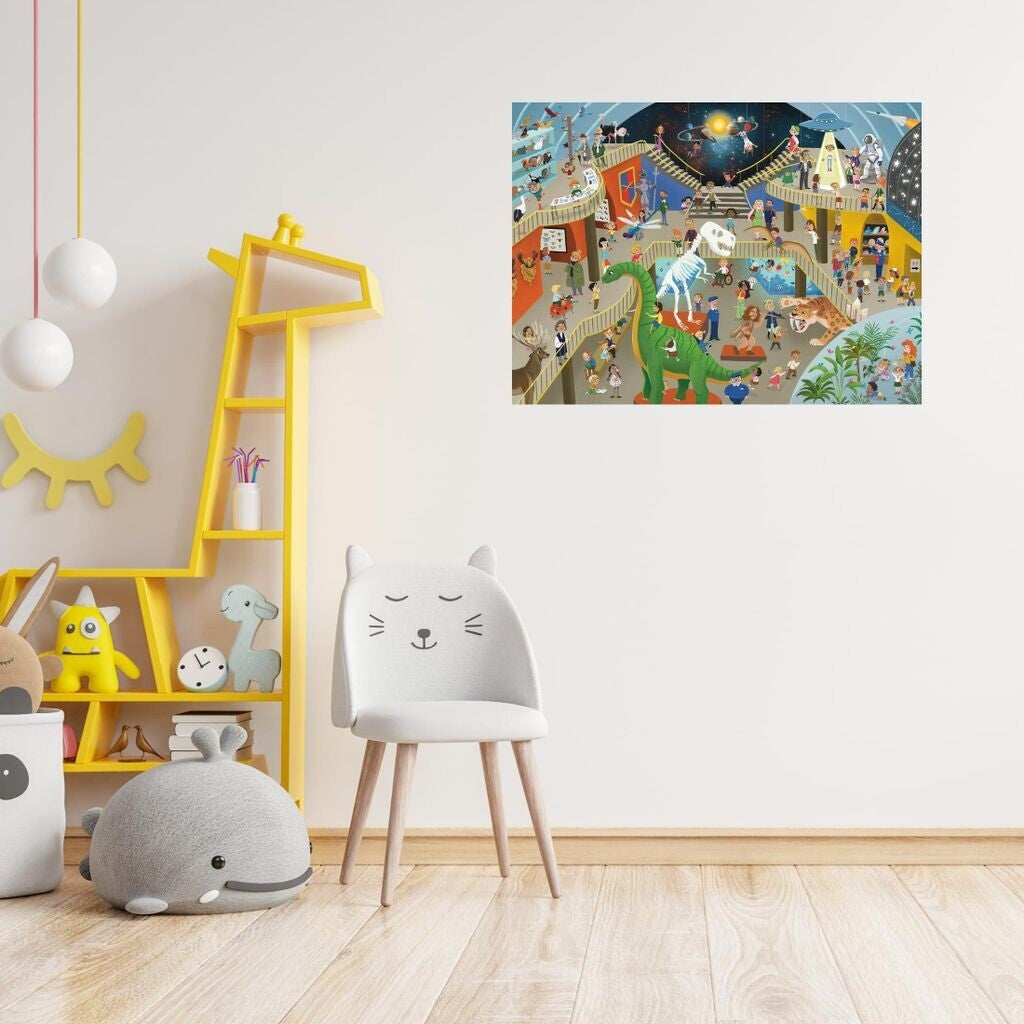 Colorful wall poster showing a busy, detailed dinosaur museum illustration in a child's room with a giraffe shelf and cat chair