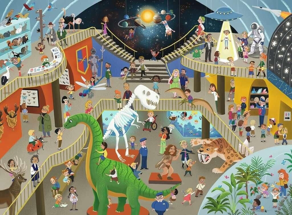 Crowded illustration of a museum with a large green dinosaur, skeleton, and various science exhibits