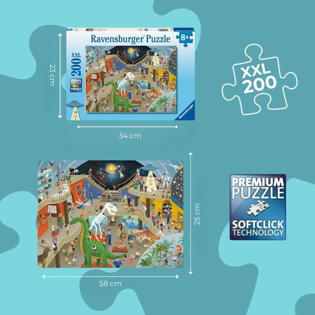 Ravensburger XXL 200-piece puzzle, displaying box and finished image (58x25cm) of a chaotic museum scene with dinosaurs
