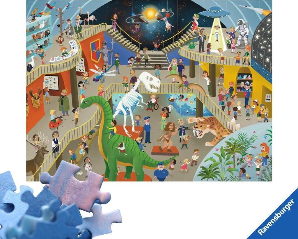 Vibrant illustration of a chaotic, multi-level museum exhibit featuring dinosaurs, space themes, and many visitors