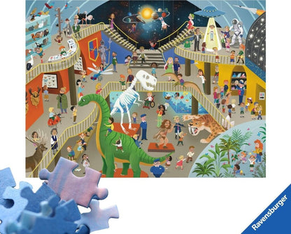 Vibrant illustration of a chaotic, multi-level museum exhibit featuring dinosaurs, space themes, and many visitors