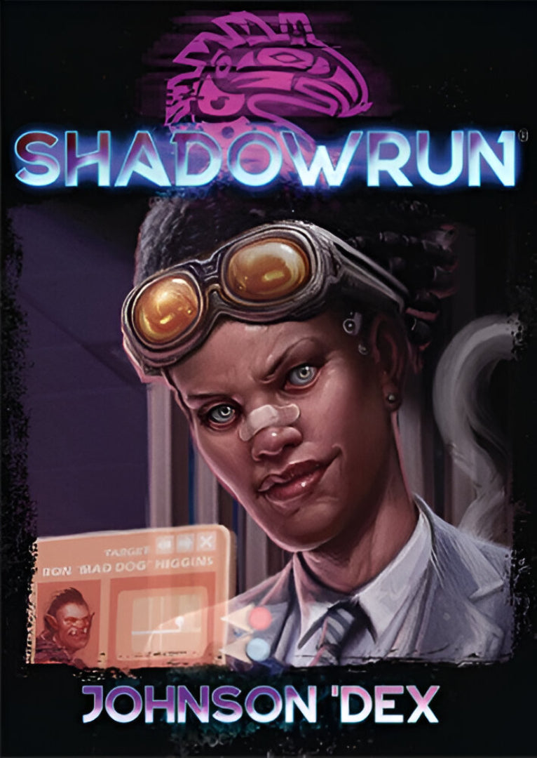 Cyberpunk woman Johnson 'Dex with goggles and a nose bandage views a holographic screen targeting an orc