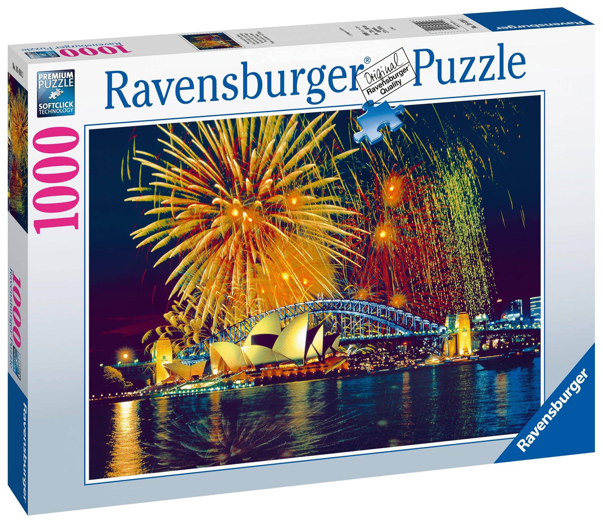 Ravensburger 1000 piece puzzle box displays spectacular golden and red fireworks illuminating the Sydney Opera House and Harbour Bridge