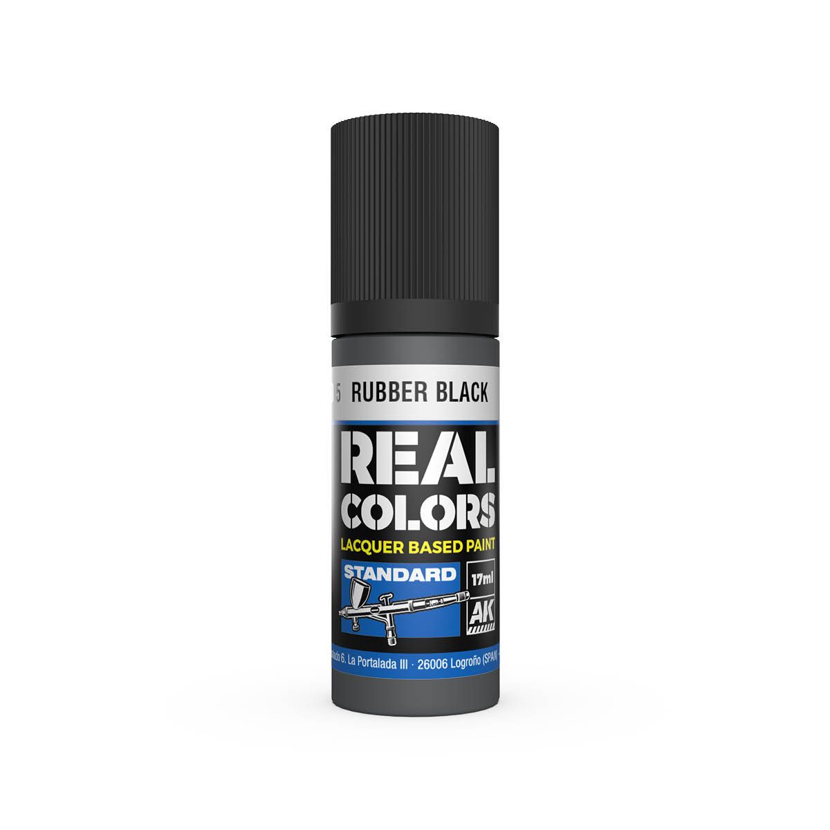 Small bottle of AK Real Colors Rubber Black 17ml lacquer model paint, with airbrush icon