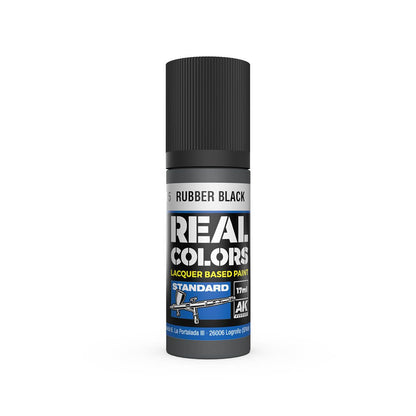 Small bottle of AK Real Colors Rubber Black 17ml lacquer model paint, with airbrush icon