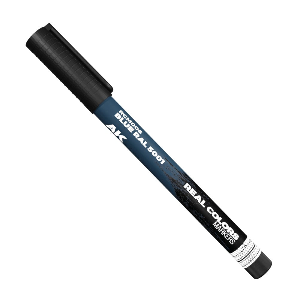 Dark blue AK Real Colors marker with black cap, labeled 'BLUE RAL 5001'