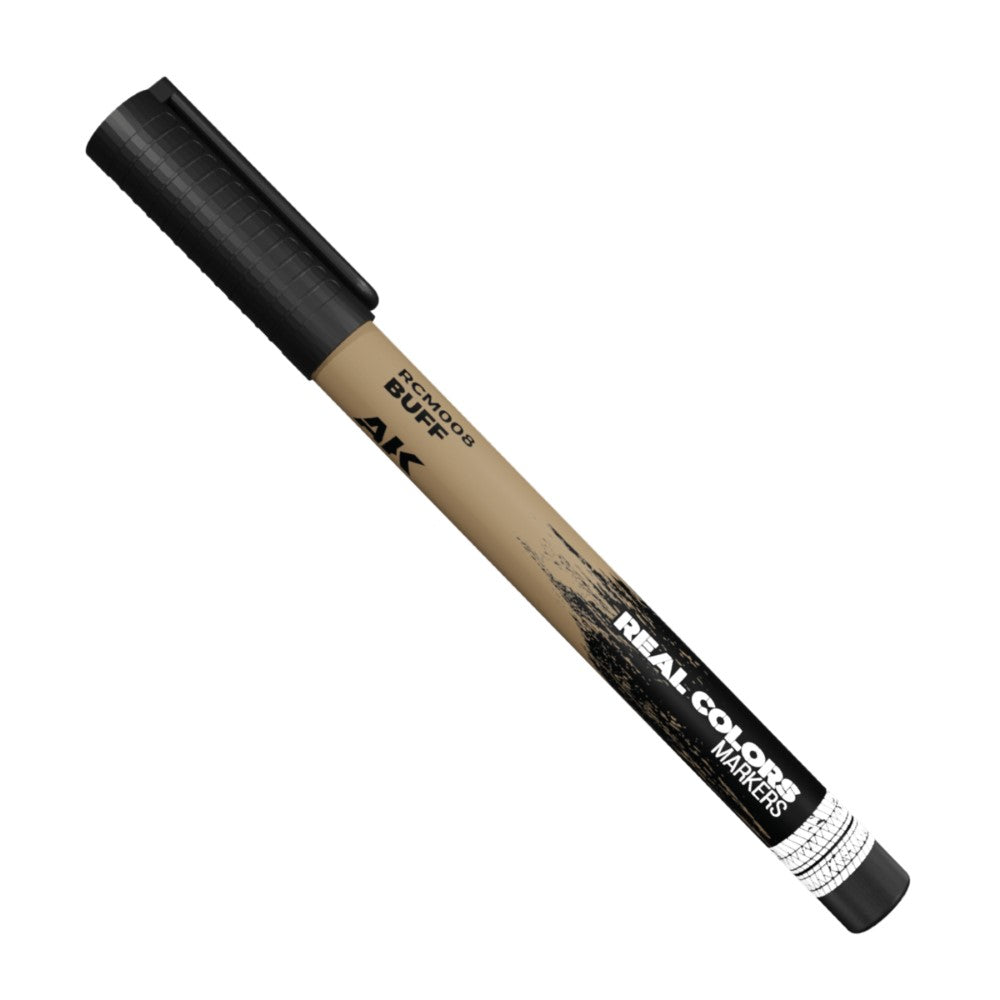 Buff marker pen with black cap and tip, labeled 'AK REAL COLORS MARKERS RCM008 BUFF', on a white background