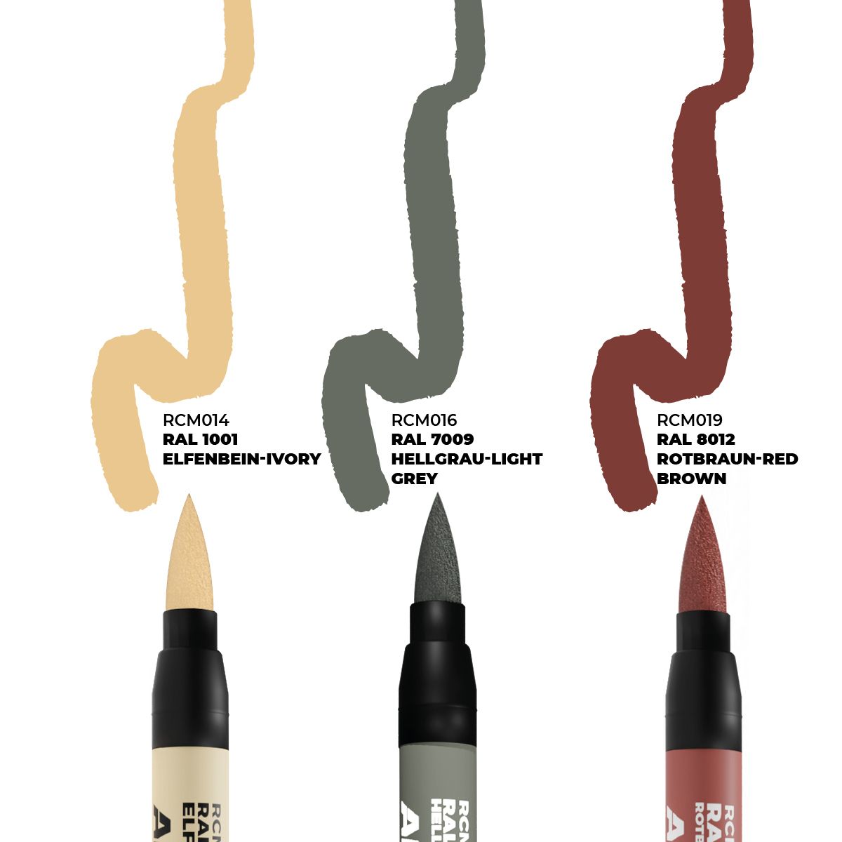 Three brush pens (ivory, light grey, red brown) showing paint strokes with color codes