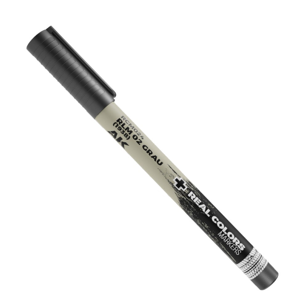 AK Real Colors RLM 02 GRAU marker, light grey with a dark cap