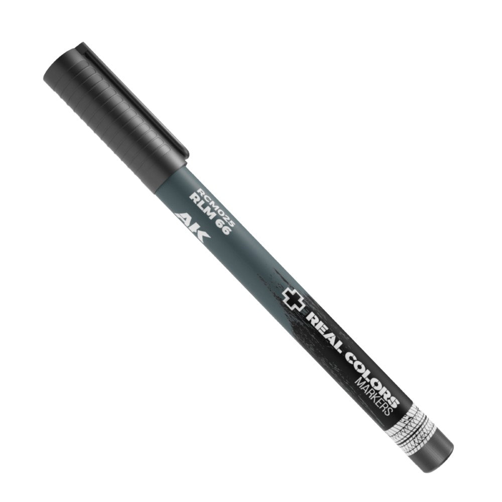 Dark grey AK Real Colors RCM025 RLM 66 marker with a black cap and clip, shown diagonally on white