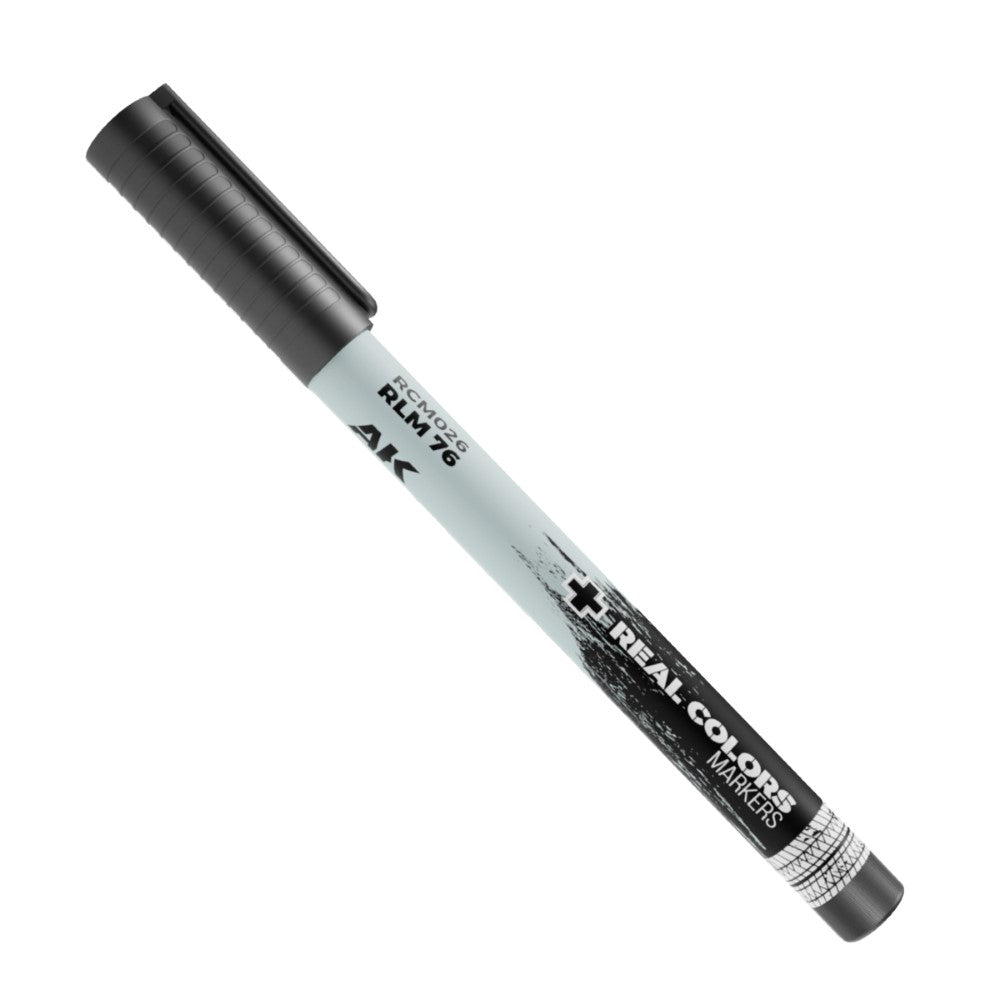 AK Real Colors RLM 76 marker with a light grey body, dark grey cap, and tip, isolated on white
