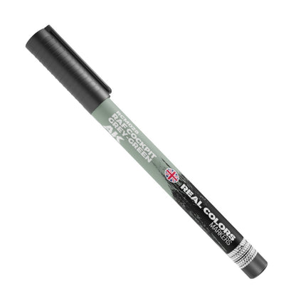 An AK Real Colors marker pen, RAF Cockpit Grey-Green, with a dark cap, angled against a white background