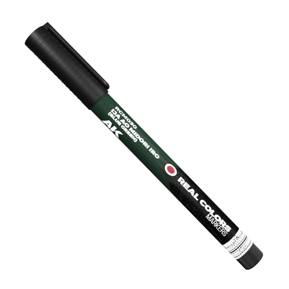 A blue-green AK Real Colors marker with a black cap and clip
