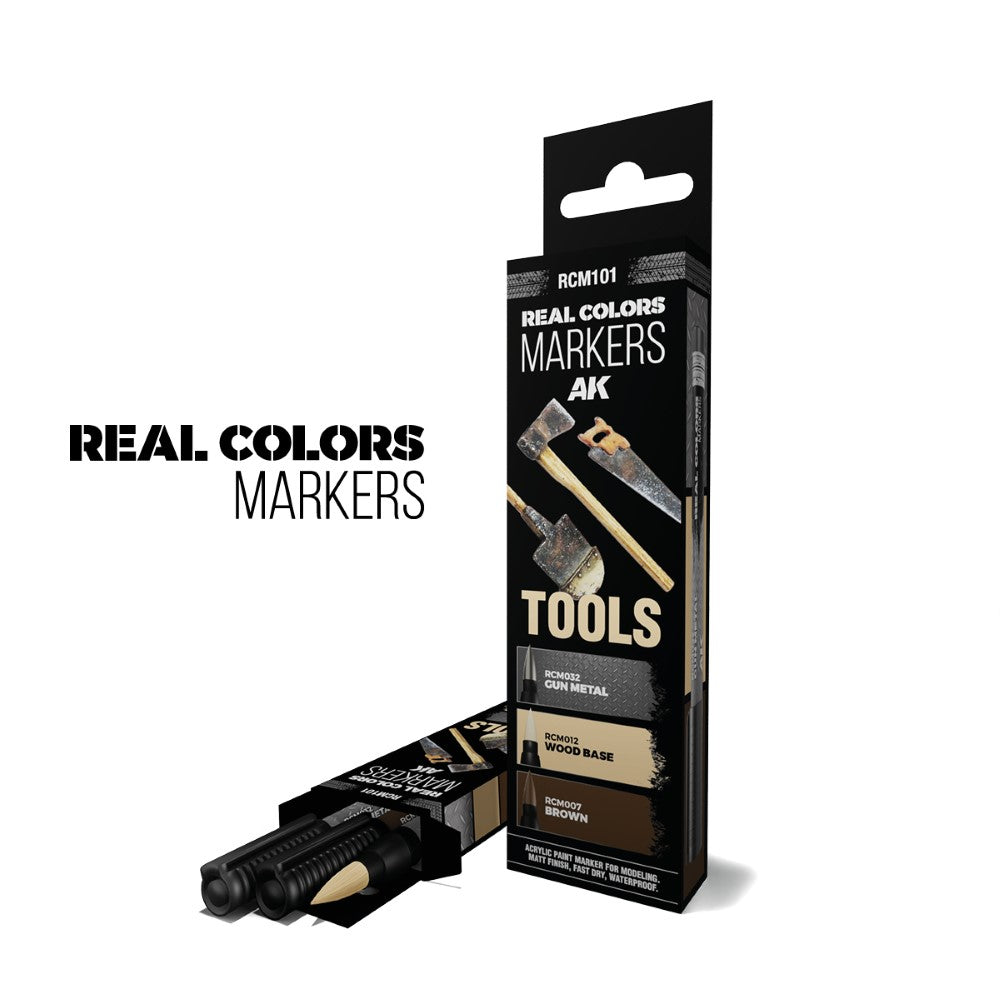 AK Real Colors Markers 'Tools' set, a standing package showing tools, with an open box displaying three black markers