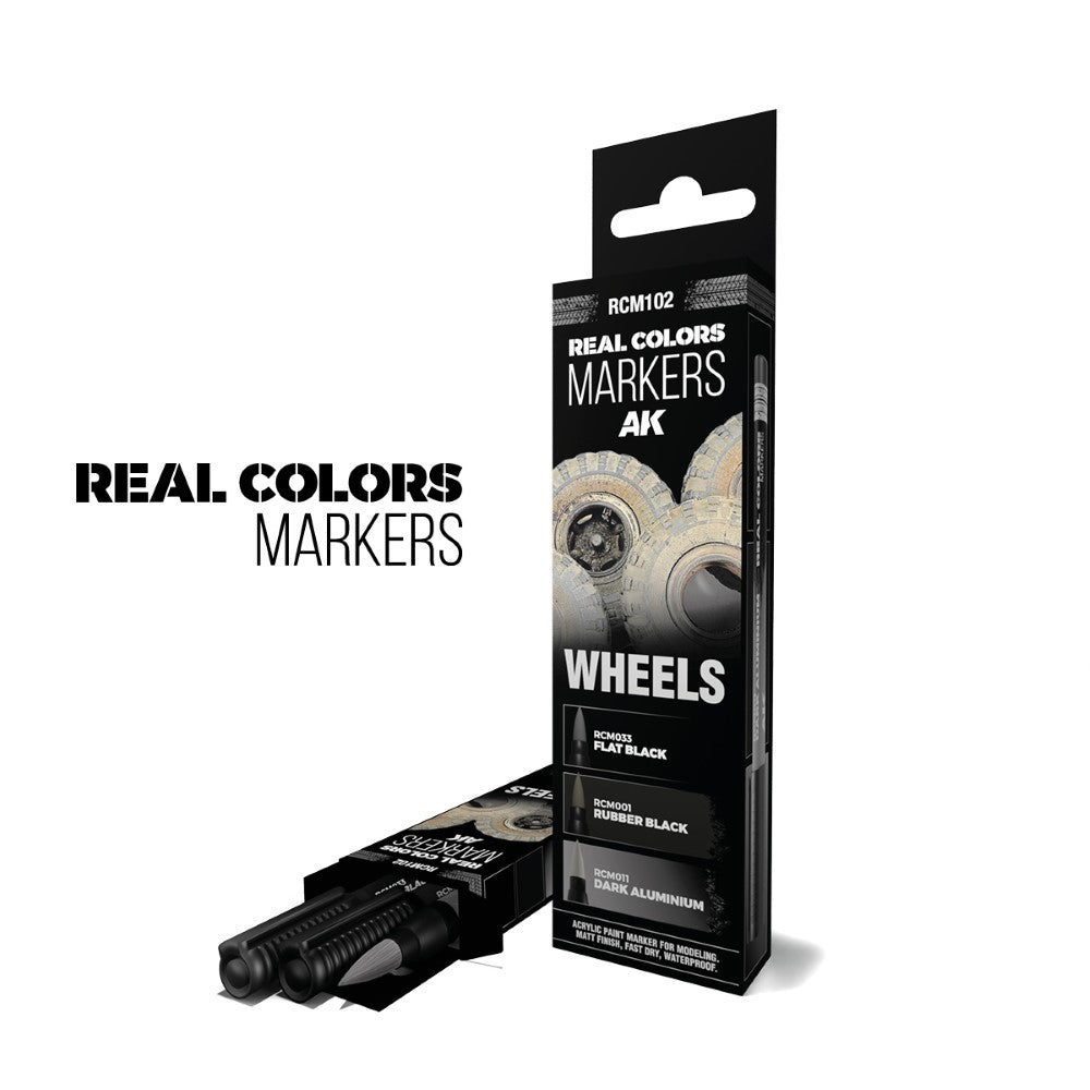 AK Real Colors Markers 'Wheels' set: Flat Black, Rubber Black, Dark Aluminium. Two boxes, one open with three markers