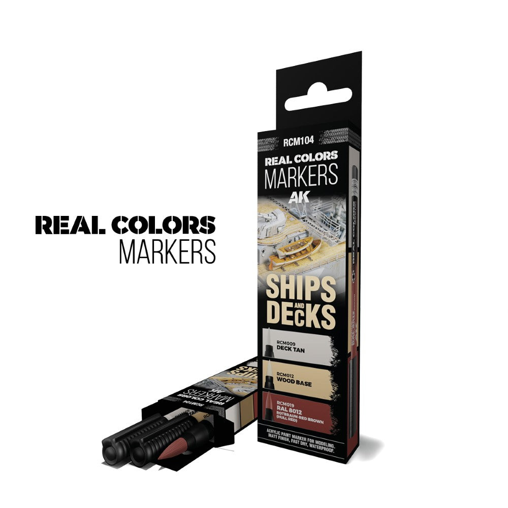 AK Real Colors Markers 'Ships and Decks' paint set, with three modeling paint markers and packaging featuring a ship model