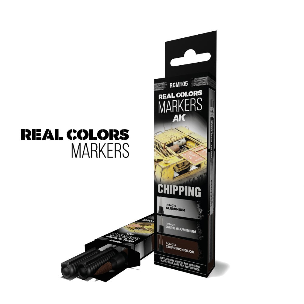 AK Real Colors Chipping Markers set: three dark modeling markers with their black product box showing weathering colors