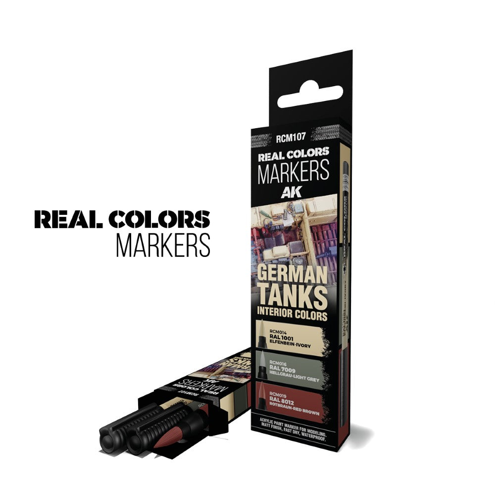 AK Real Colors Markers for German Tanks Interior Colors box, showing 3 swatches, plus two black markers
