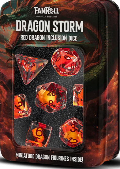 Metallic Dice Games - Resin 16mm Poly Dice Set - Dragon Storm Inclusion Resin Red Dragon - Good Games