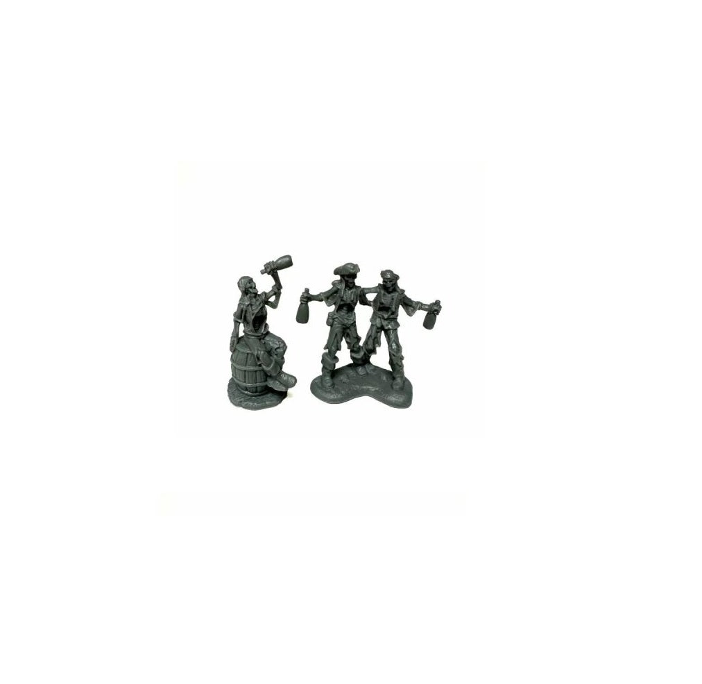 Gray plastic miniature set: two drunken pirates and a skeleton drinking rum on a barrel