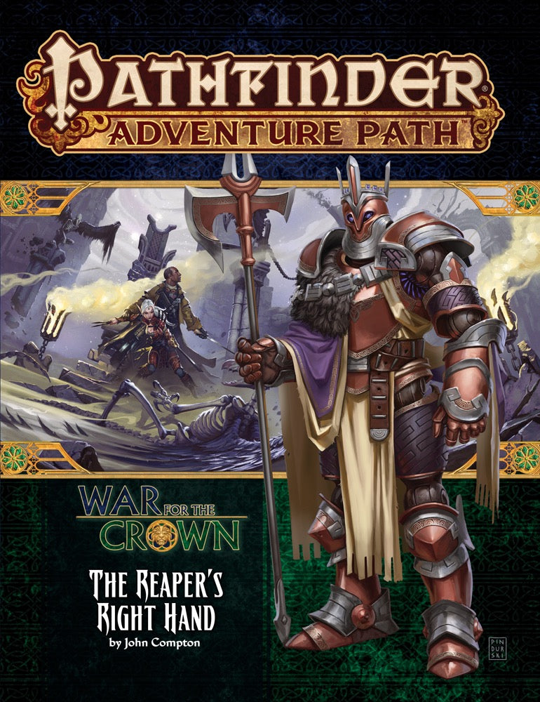An armored, horned knight with a poleaxe overlooks adventurers battling in a ruined, desolate fantasy landscape.