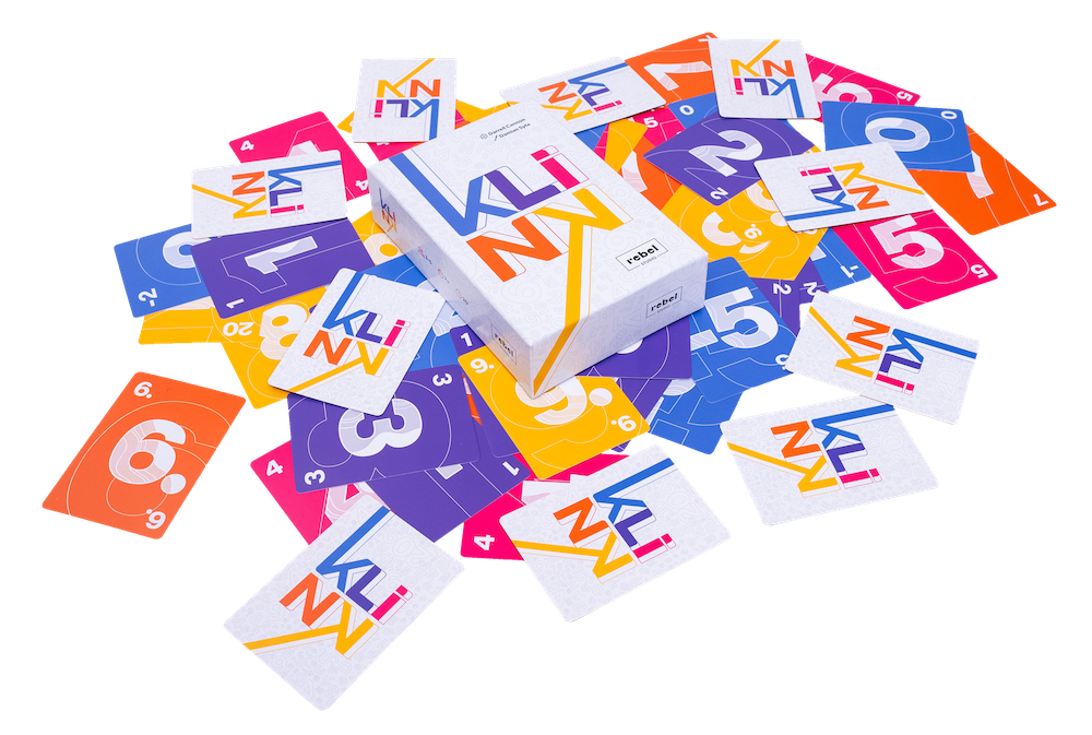 Close-up of Rebel: Klink box and cards with illustrated numbers and symbols