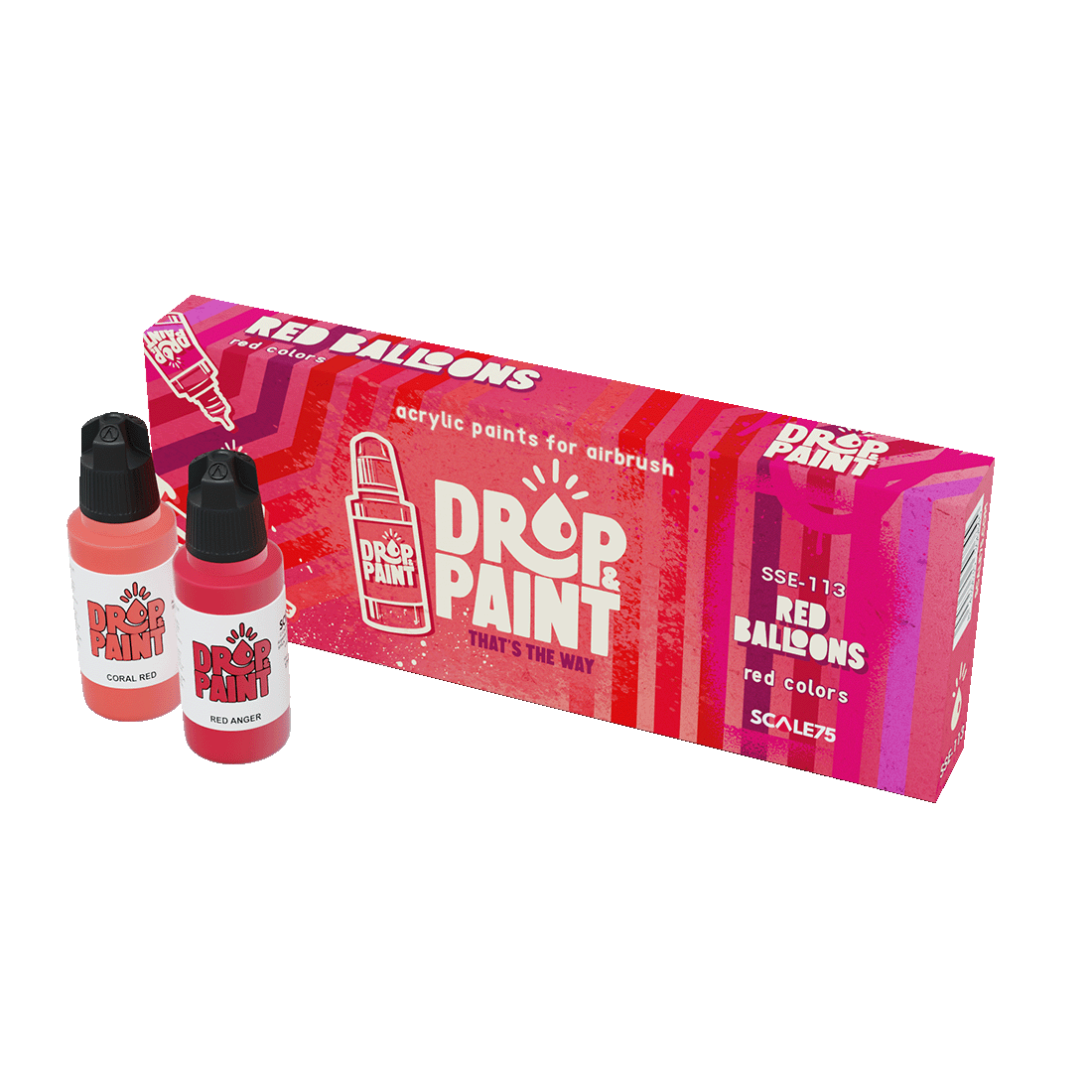 Drop & Paint Red Balloons acrylic airbrush paint set: a red box with two bottles of paint, Coral Red and Red Anger