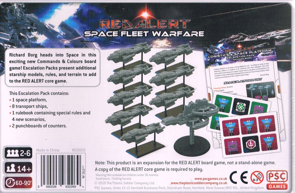 Back of &#39;Red Alert: Space Fleet Warfare&#39; expansion box, showing 8 gray spaceship models, a space station and game tokens