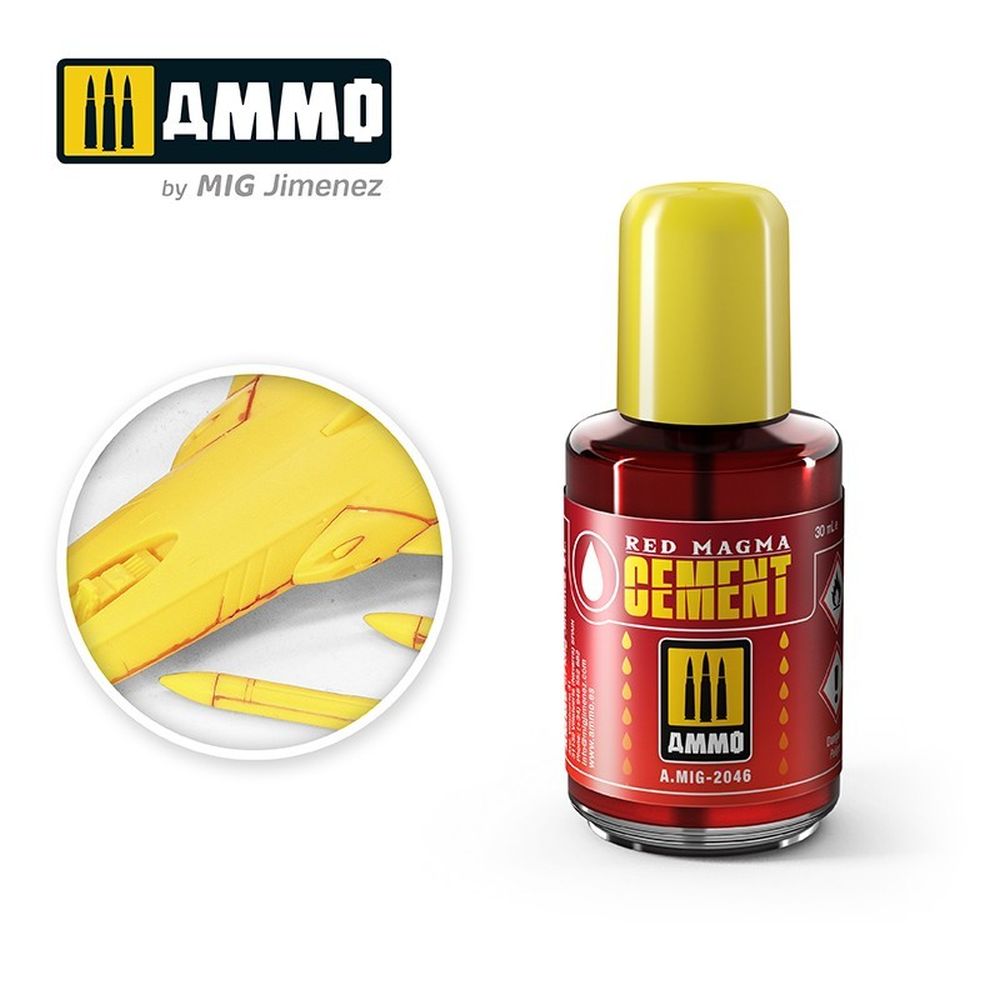 AMMO Red Magma Cement bottle (red liquid, yellow cap) shown with yellow plastic model kit parts for assembly