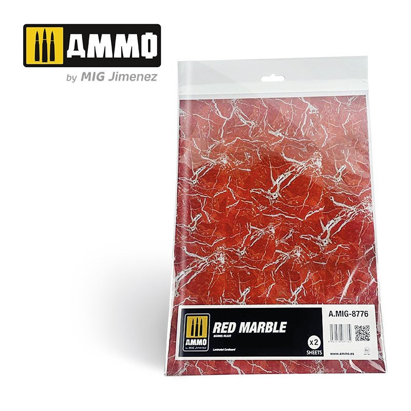 Ammo Red Marble patterned cardboard, 2 sheets in a clear bag