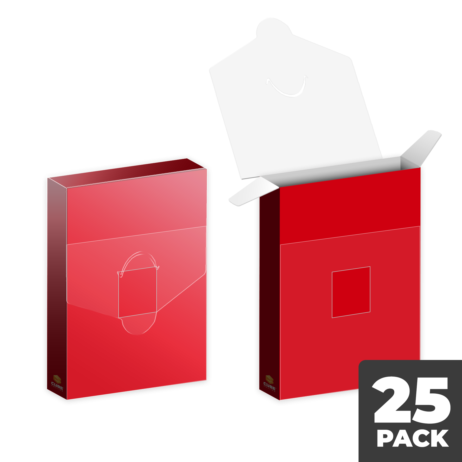 Two red product boxes - one closed, the other open revealing a white interior and square window