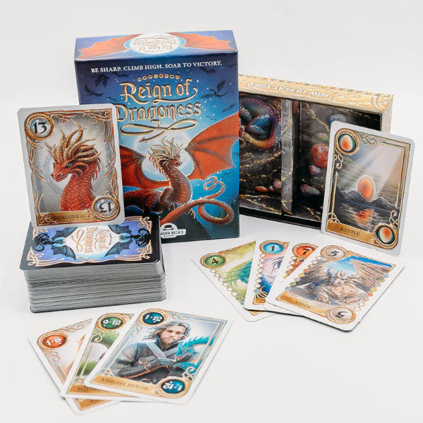 Grandpa Beck&#39;s Reign of Dragoness card game with box and stacked cards