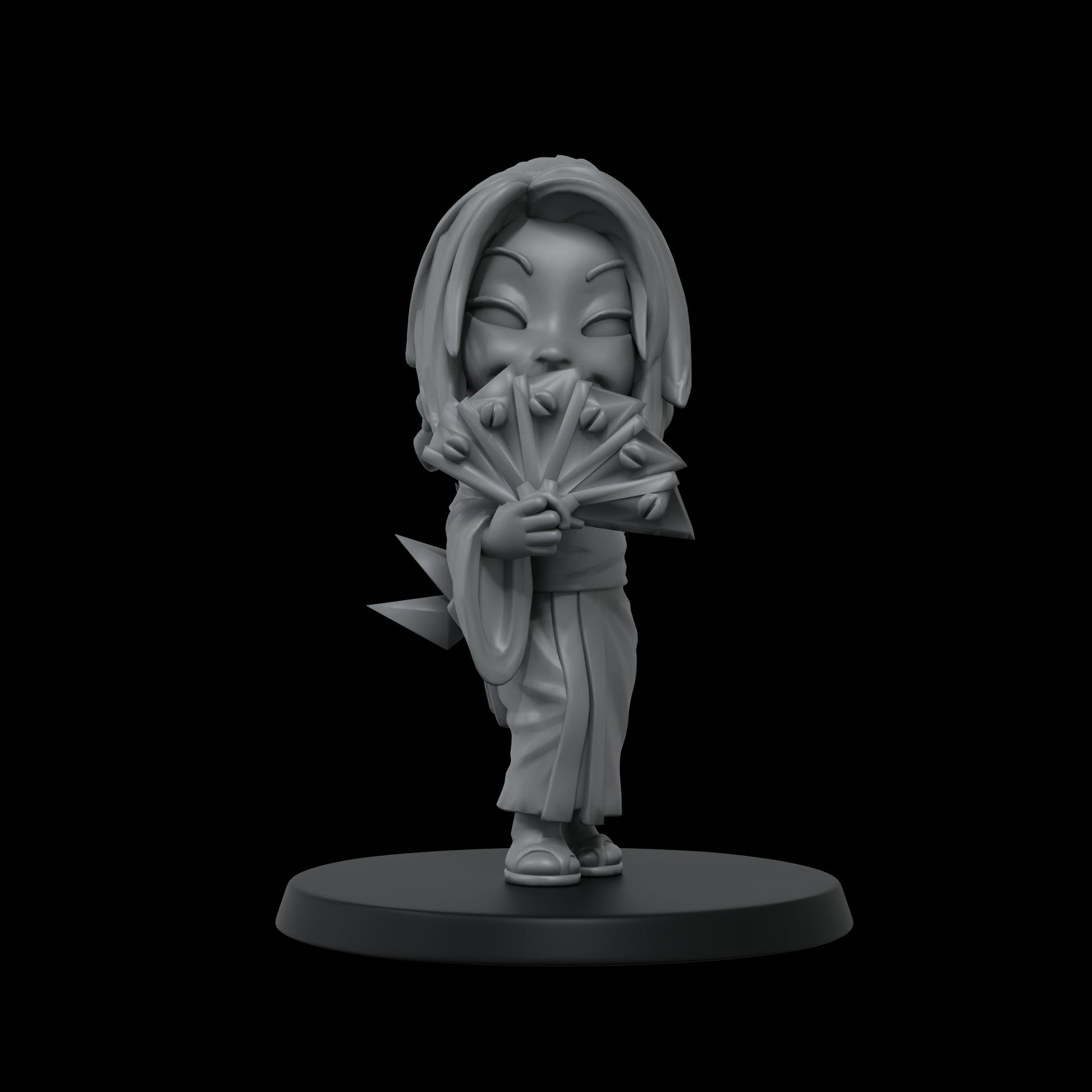 Grey 3D chibi-style figurine of a girl in a kimono, holding a fanned weapon across her face.