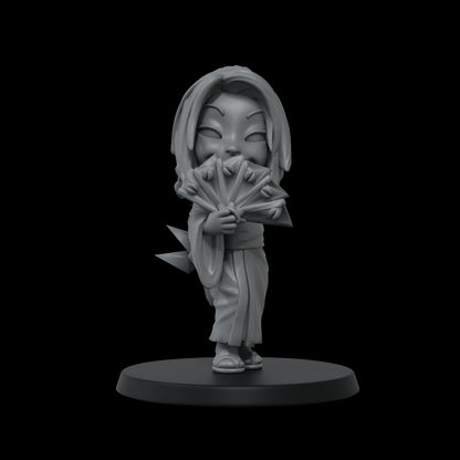 Grey 3D chibi-style figurine of a girl in a kimono, holding a fanned weapon across her face.