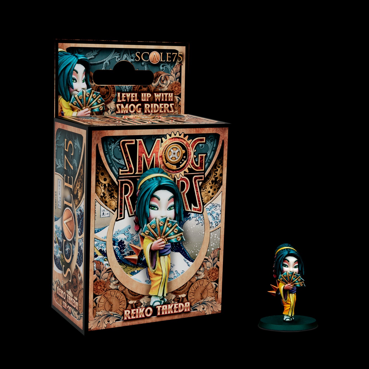 Miniature figure "Reiko Takeda" with teal hair, yellow kimono, and fan, displayed beside her "Smog Riders" product box.
